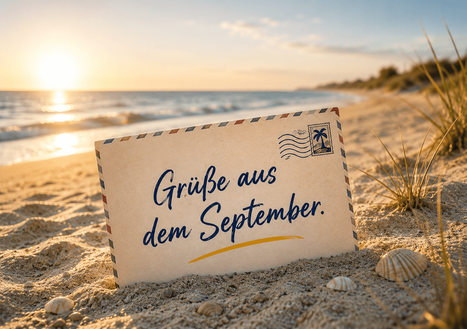 Strandmotiv mit Postkarte im Sand