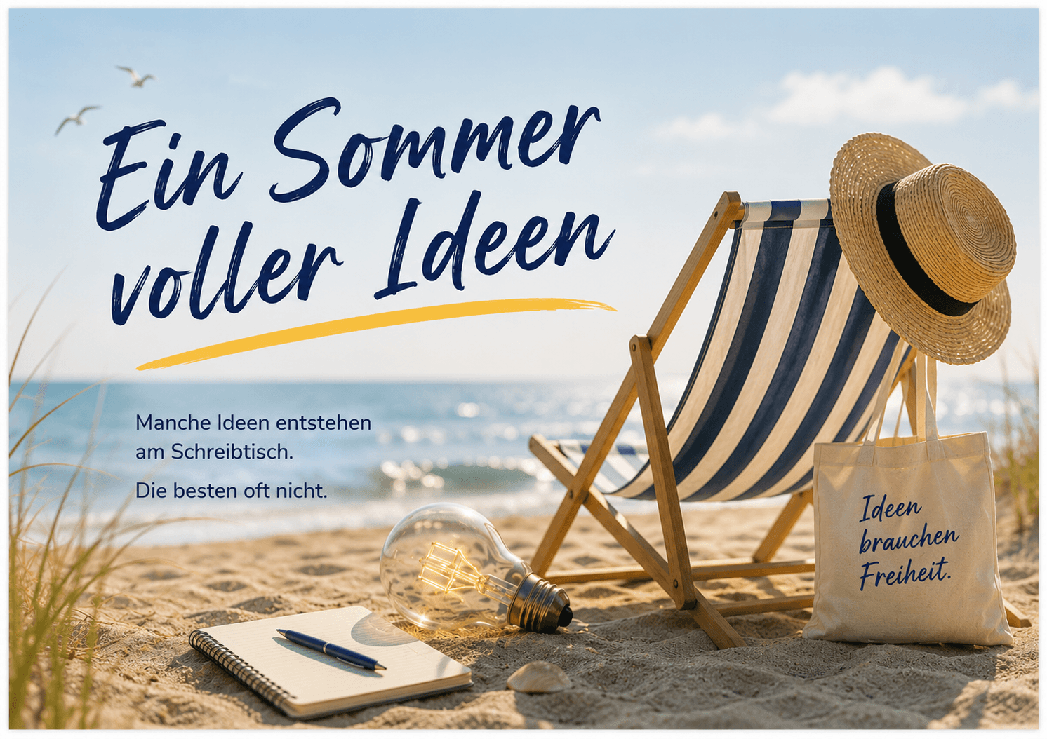 Postkarte im Sand am Strand mit dem Ein Sommer voller Ideen